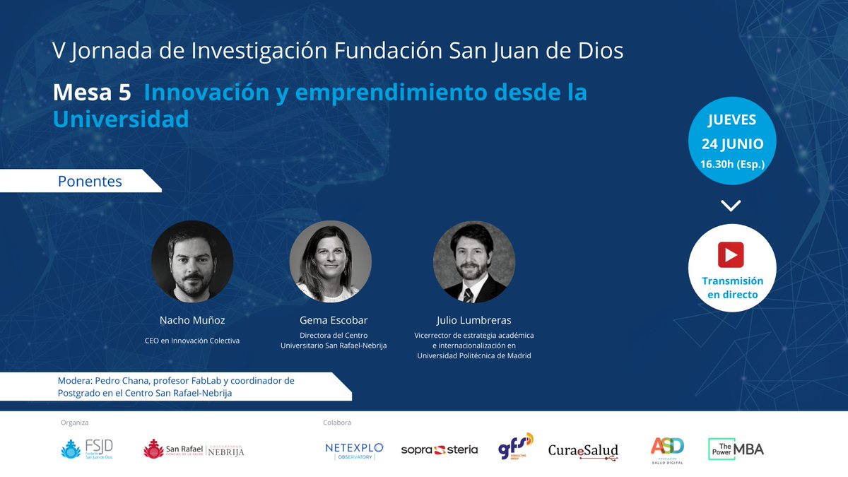 fsjd_Madrid's tweet photo. La última mesa de #FSJDInnova21 comienza en breve ➡ #Innovación y #emprendimiento desde la Universidad

Modera @pedrochanav y le acompañan @ignacionacho de @iColectiva, @julumbreras de @la_upm y Gema Escobar de @S_RafaelNebrija 

🔴Síguela en directo: https://t.co/So3vJY2K8Q https://t.co/c2kn8SKLjf