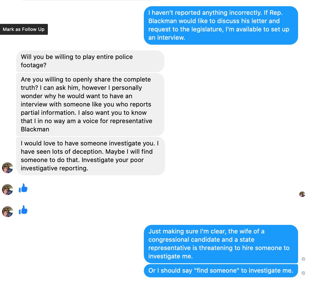 DaveBiscobing15's tweet photo. Update on the previous post: 

Congressional candidate Rep. Walt Blackman's wife wrote me a DM on Facebook and said she might find someone to investigate me. https://t.co/Y6XHPBydkq