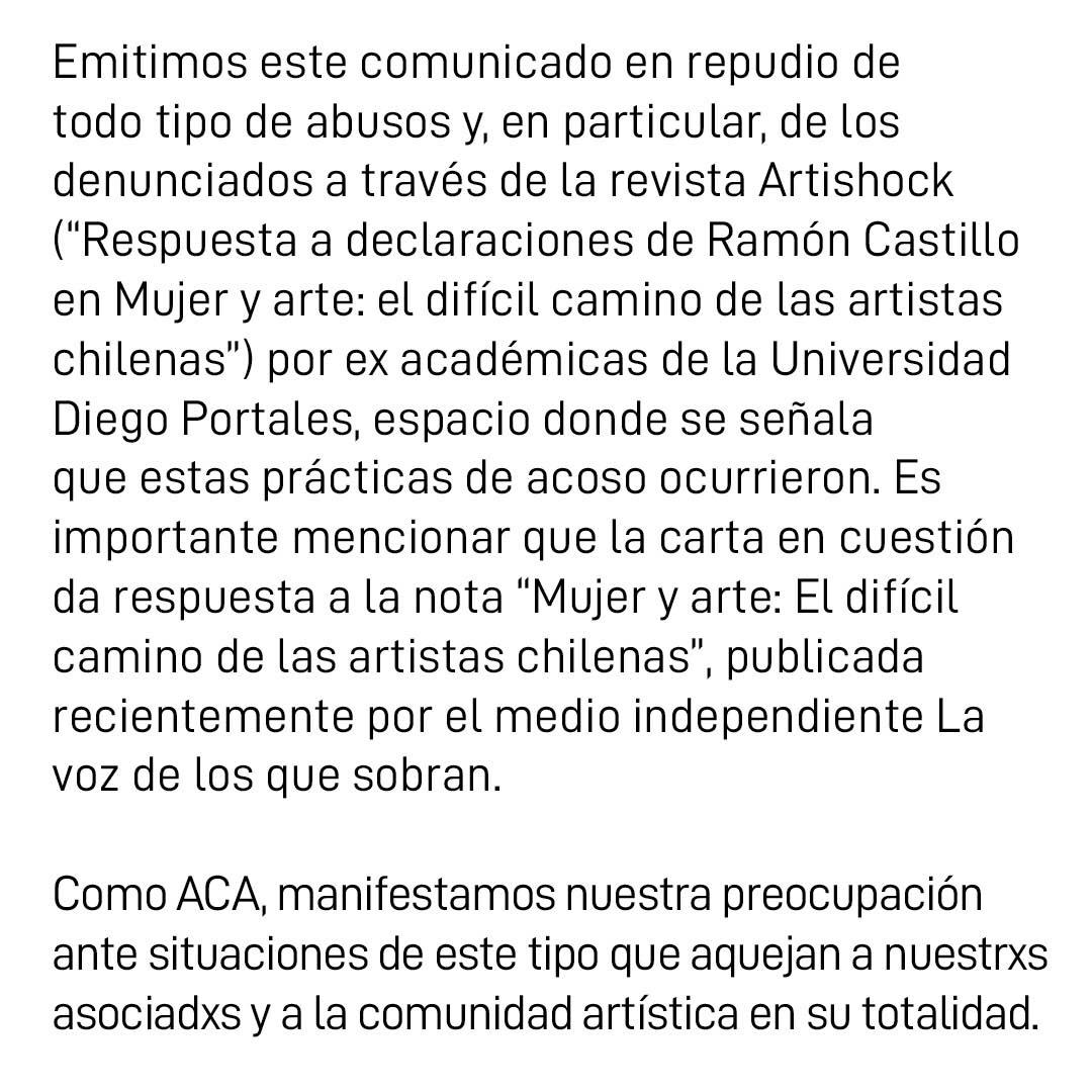 ACA_2019's tweet photo. Manifestamos inquietud y preocupación ante las nuevas acusaciones de acoso sexual y laboral que han salido a la luz pública y que atañen a nuestro sector
Comunicado de nuestra Comisión de género a raíz de la nota “Mujer y arte: El difícil camino de las artistas chilenas” #arteudp https://t.co/Elfm8nPrfw