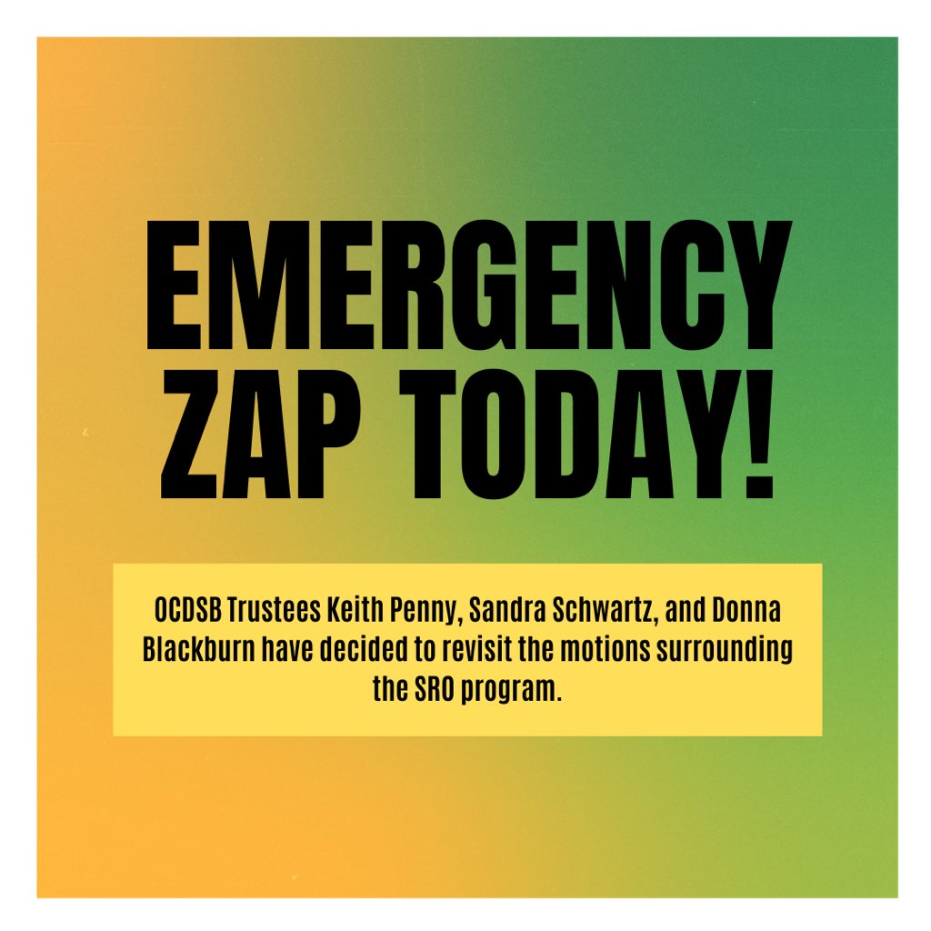 asilucollective's tweet photo. ⚡️EMERGENCY EMAIL, PHONE, AND TWITTER ZAP RIGHT NOW!⚡️

SROs @OCDSB are being debated AGAIN tomorrow night— we can’t let them undermine our win from last week!
 
Time to flood inboxes, voicemails, Twitter mentions, and hashtags (#OCDSB + #NoTrustInTrustees) NOW!

See link in bio! https://t.co/g90ONI5Zc0