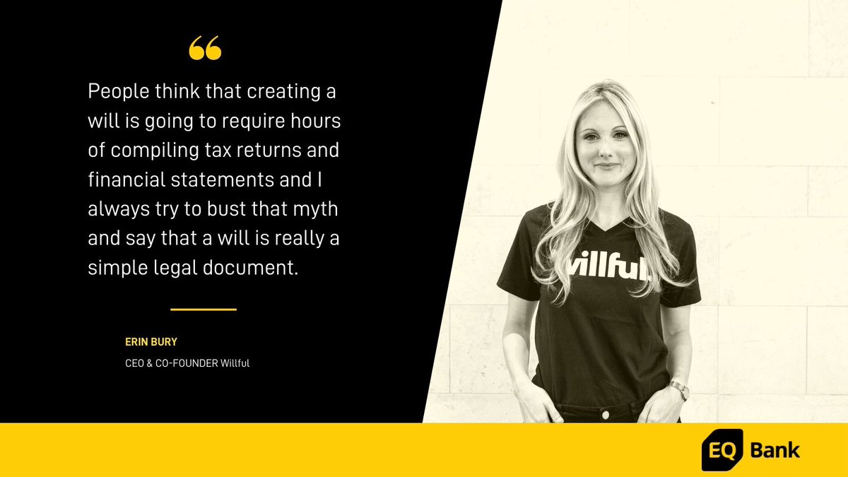 EQBank's tweet photo. Join us live tomorrow on our EQ Bank Instagram account at 6pm for the first interview in our new series - The Challengers – we'll be chatting with Erin Bury, CEO and Co-Founder of Willful, a do-it-yourself platform that breaks down the estate planning process into simple steps. https://t.co/uIGS78qWSr
