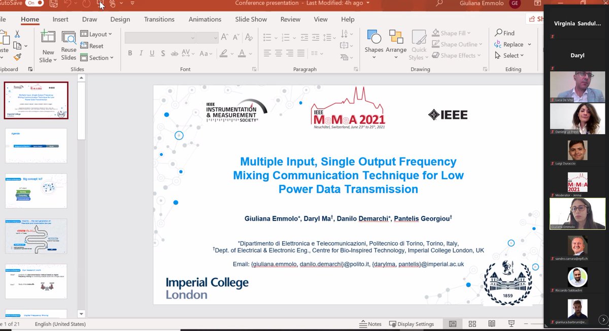 EmmoloGiuliana's tweet photo. Today I had the pleasure of presenting “A multiple input, single output frequency mixing communication technique for low power data transmission” at virtual #MeMeA2021 in Geneva. Many thanks to my supervisors, @Darylmajw, @ddmtwitt and @pgeorgiou_ic for their constant support. https://t.co/0rID5H3pxm