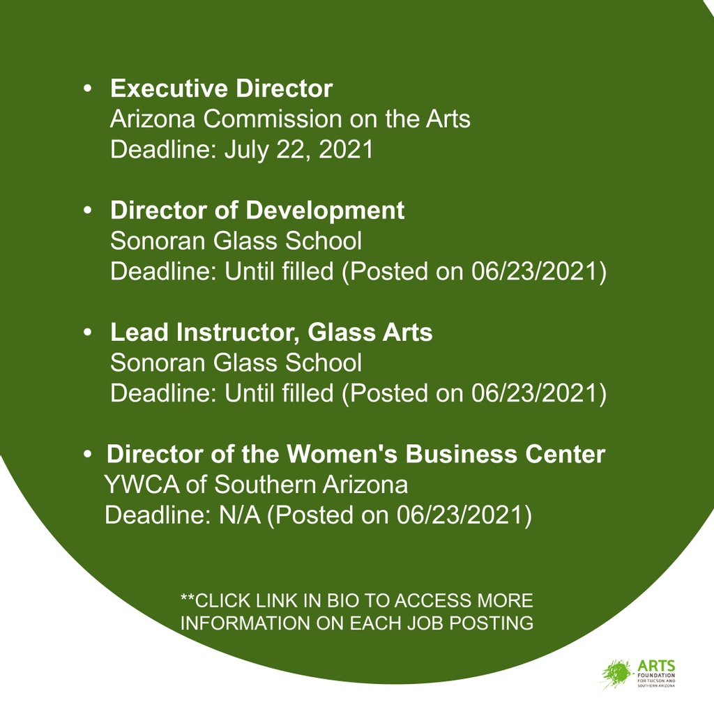 Are you seeking employment in the Arizona Art and Non-Profit Sector? Check out our list of current job posts!

Access the listings on our website!
artsfoundtucson.org/artists-organi…

Know someone who would be interested in these opportunities? Tag them in the comments below!⁠⁠