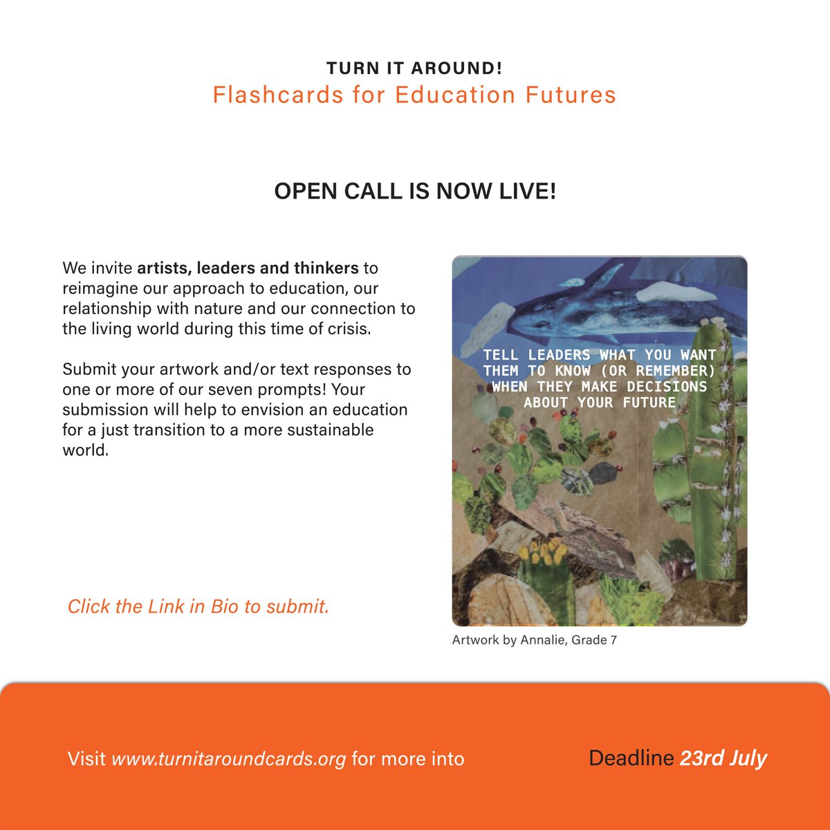What do we need to learn to ensure WE AND OUR PLANET thrive AND survive?  Submit your original artwork related to your connection to the natural environment and climate education for a chance to be featured on our TurnitAround flashcards! For more info: turnitaroundcards.org
