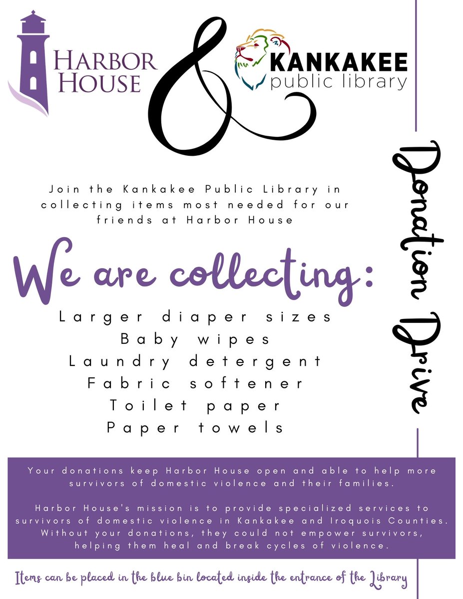 KankakeeLibrary's tweet image. We are collecting items for Harbor House! Please bring donations to the blue bin, located inside the entrance of the Kankakee Public Library! #HarborHouse #Donations #KankakeePublicLibrary #DVAwareness