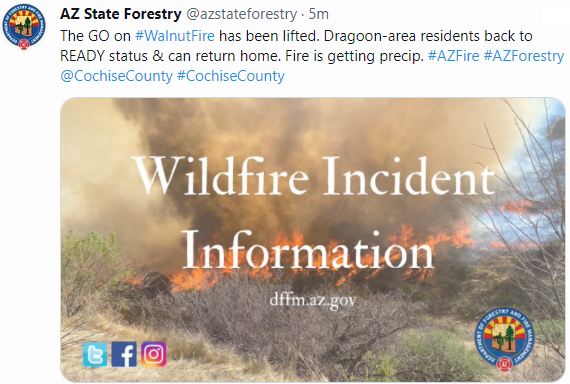CCFirenIncident's tweet image. 1635: Per #DFFM- The GO on #WalnutFire has been lifted. Dragoon-area residents back to READY status &amp;amp; can return home. Fire is getting precip. #AZFire #AZForestry #CochiseCounty
