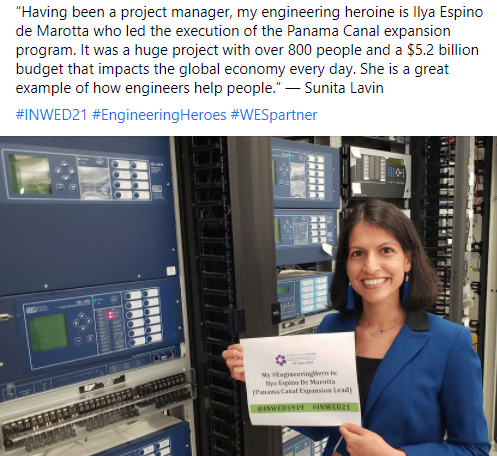 BurnsMcDonnell's tweet photo. “Having been a project manager, my engineering heroine is Ilya Espino de Marotta who led the execution of the Panama Canal expansion program...She is a great example of how engineers help people.” — Sunita Lavin   #INWED21 #EngineeringHeroes #WESpartner https://t.co/Eb1ZycoF0s