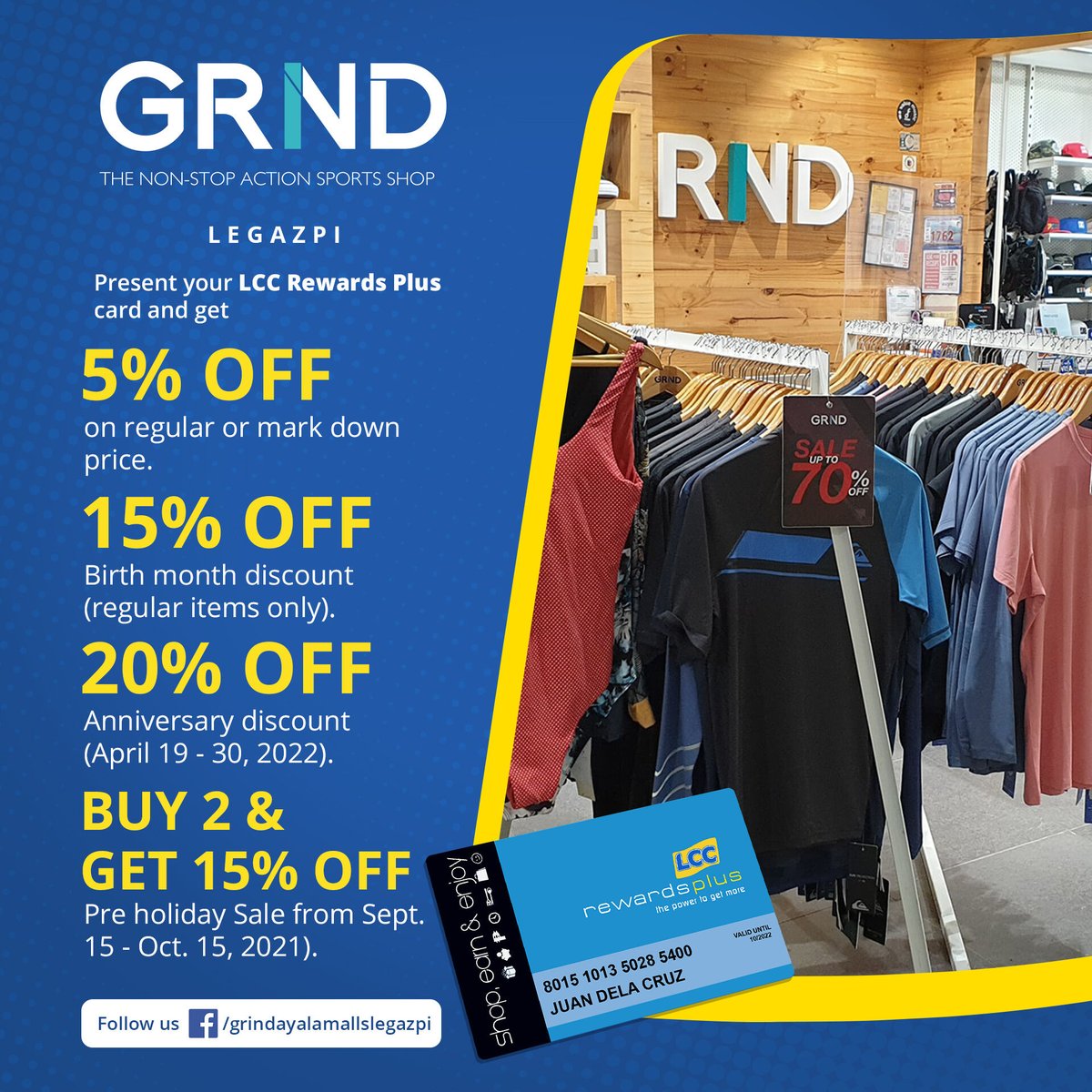 lcc_cards's tweet photo. Shop at Grind Ayala Malls Legazpi and enjoy exclusive discounts when you present your LCC Rewards Plus card.

Get your card now! Visit https://t.co/SPIDbAvC62 to sign up online. #LCCRewardsPlusPartner https://t.co/p7DxJzNXoa