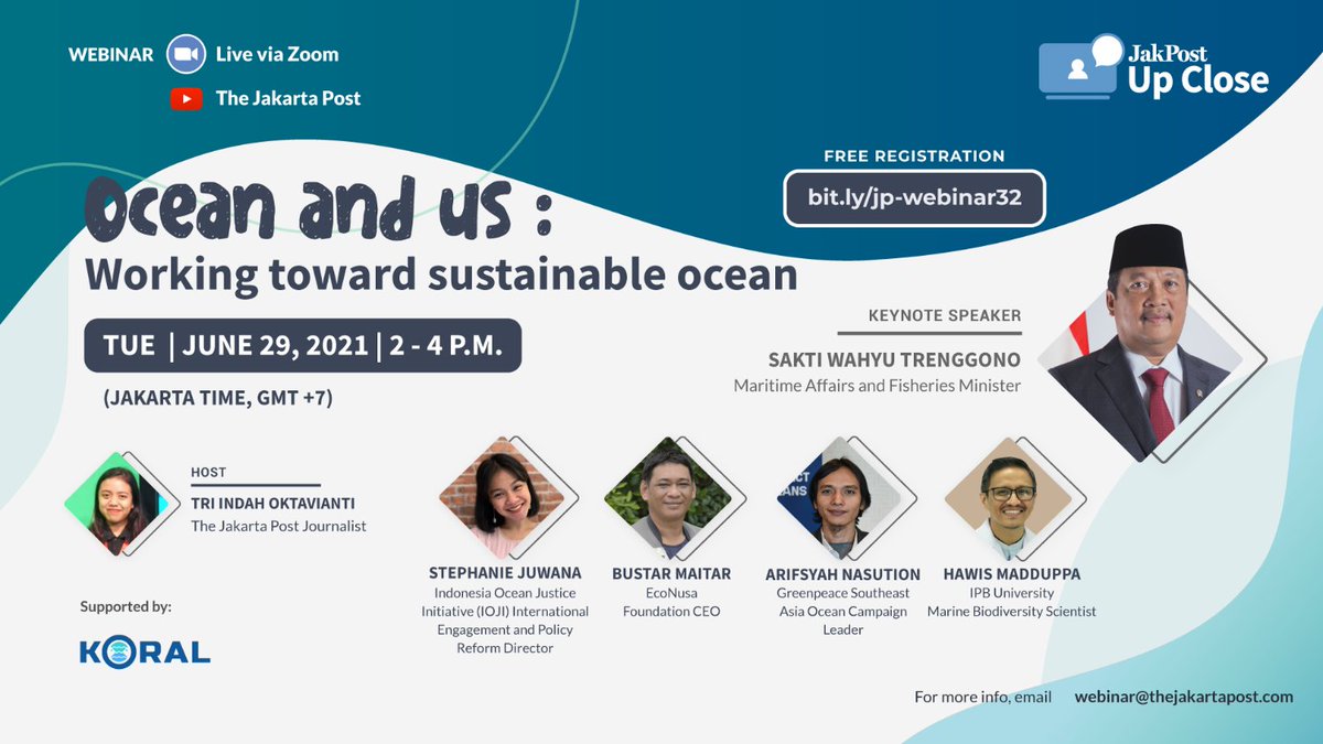 jakpost's tweet photo. Find out more about how the country is trying to cope with challenges in creating a sustainable ocean ecosystem through #JakpostUpClose 32 webinar on Tuesday, June 29.

Click here to register: https://t.co/CI8koSIG7b

Supported by @koalisikoral https://t.co/TobjsqniM7