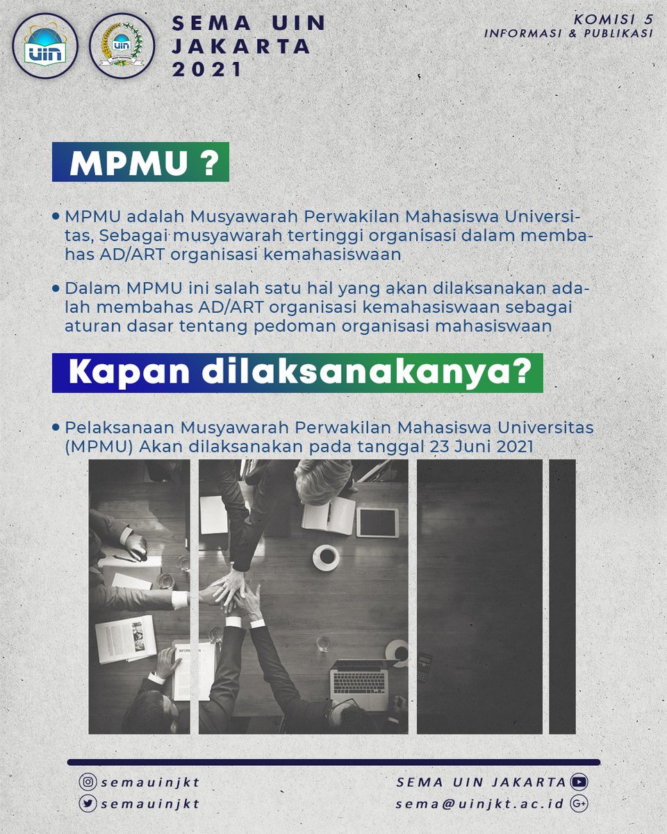 semauinjkt's tweet photo. MPMU adalah Musyawarah Perwakilan Mahasiswa Universitas. MPMU dilaksanakan pada:
Rabu, 23 Juni 2021 https://t.co/7WVnsgOVdE