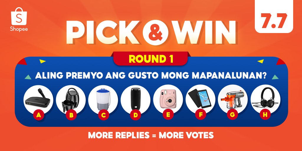 ShopeePH's tweet photo. siyempre hindi kami mauubusan ng GIVEAWAYS kaya itโs time for you toโฆ
๐ PICK & WIN! ๐
simple lang, piliin kung alin sa mga premyo ang gusto mong mapanalunan!
P.S. MORE REPLIES = MORE VOTES ๐
SALI NA, Shopee Fam!
#ShopeePHPickAndWin
#ShopeePH77MidYearSpecial https://t.co/hAOshBGEn0