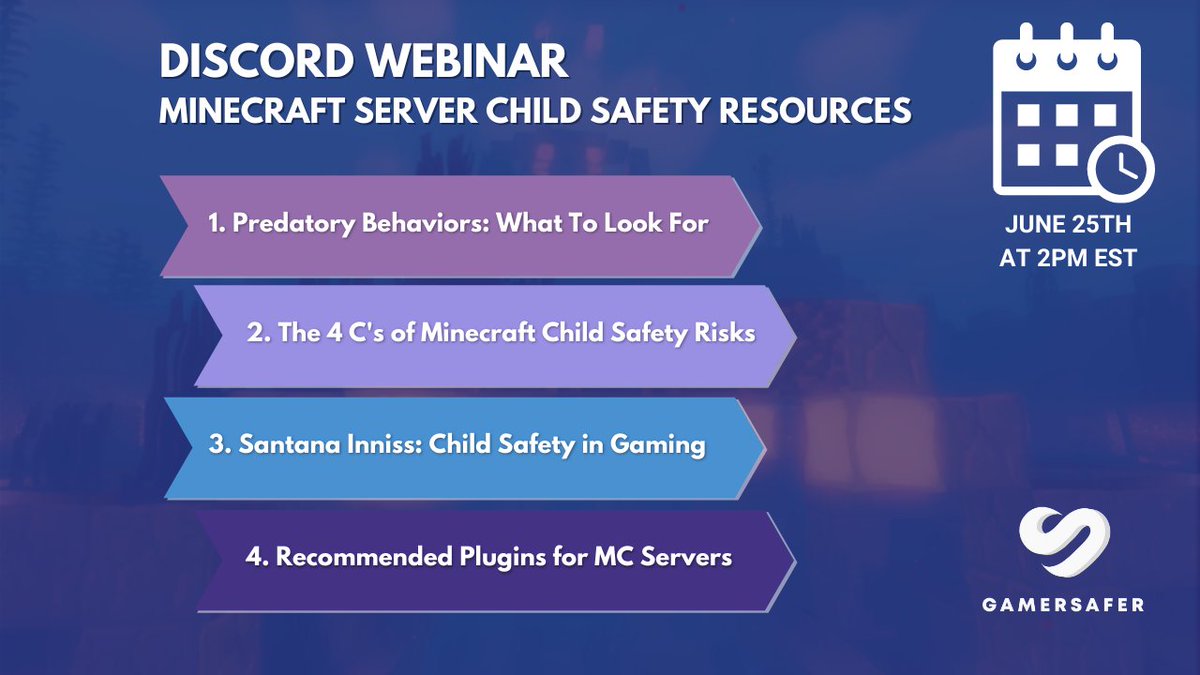 gamersafer's tweet photo. On the front lines in the battle for #childsafety on #Minecraft multiplayer servers are the mods, helpers, & staff team.
This Fri we are supporting their efforts with a free training webinar sharing practical safety measures & resources. #GS4MC
Join us! https://t.co/AIiOE3XnDQ https://t.co/sOmVDCdJgZ