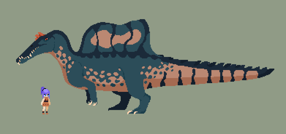 owleydev's tweet photo. Spinosaurus! He like sashimi lots. #pixelart #paleoart #dinosaurs #spinosaurus #indiedev @paleora https://t.co/zTDjMbqDHp