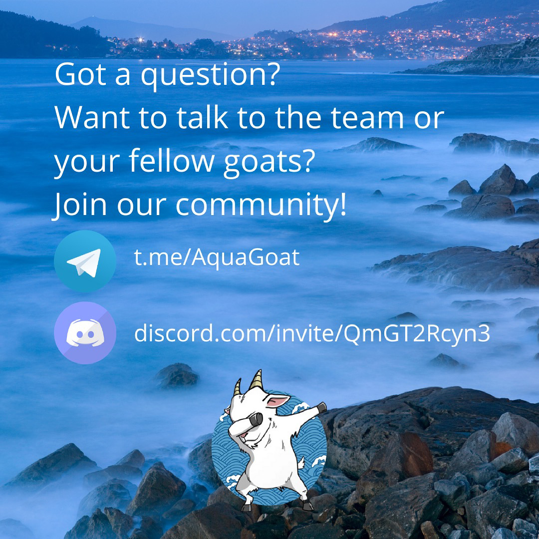 AquaBsc's tweet photo. Hey Goats! We are currently experiencing an influx of messages through our Twitter and Instagram platforms. Please note that these inboxes are not monitored regularly. For updates on developments or to connect with our Dev team, join our Discord or Telegram communities! https://t.co/Tr0ndD1NCD