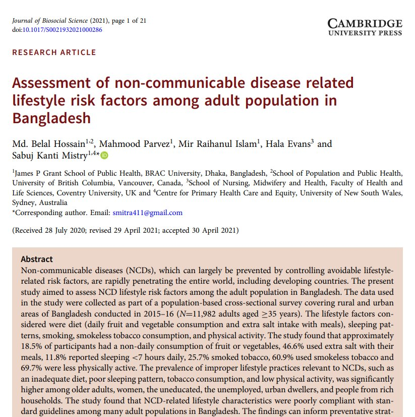 Publication alert! New article published online about #NCD-related #lifestyle risk factors and possible strategies to prevent NCDs in #Bangladesh. doi.org/10.1017/S00219…