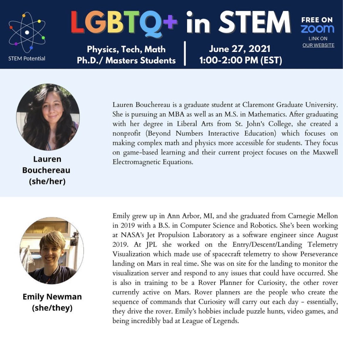 STEMPotential's tweet image. Only 3 more days until our #LGBTQ+ in STEM Webinar Series begins! Here are the bios for our second session speakers including physics, tech, and math PH.D. &amp;amp; Masters students. See you then! 🧑‍🔬🏳️‍🌈 #STEMPotential