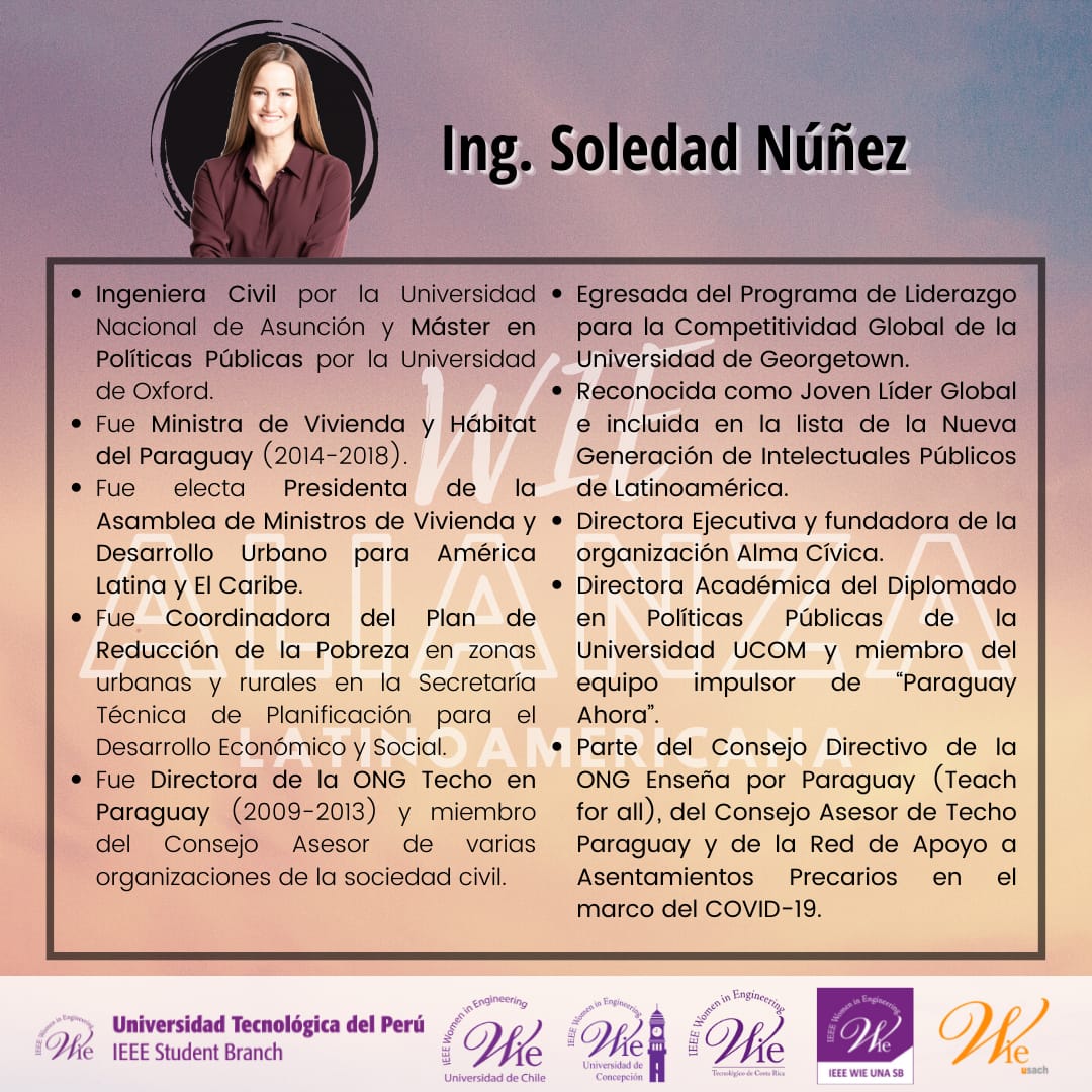 wie_uchile's tweet photo. WEBINAR 👷‍♀️👩‍🏭👩‍🔬👩‍🔧
"DESARROLLO Y PARTICIPACIÓN DE MUJERES LATINOAMERICANAS EN CARRERAS DE INGENIERÍA" Organizado por WIE Alianza Latinoamericana.

Con la participación de la Ing. Soledad Núñez
- Ministra de MUVH. (2014-2018)
- Directora de TECHO (2009-2013) Paraguay.
(+) https://t.co/JP0jOtQTwO