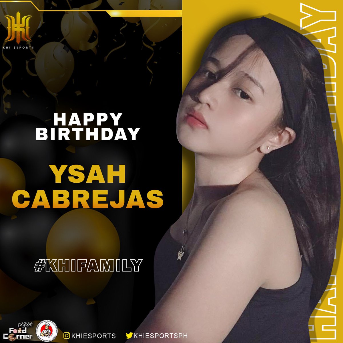 KHIeSportsph's tweet photo. Sending our stellar streamer, Ysah, a very happy birthday - enjoy your celebrations! #KHIfamily 💛🖤
.
.
.
#esports #esportsteam #sportsteam #mobilegaming #gamingmobile #philippines #meetheteam #meet #tcfoodcorner #thesweetspot #KHIesports #riseKHI #birthday #streamer #Ysah https://t.co/TZYsSyHeMU