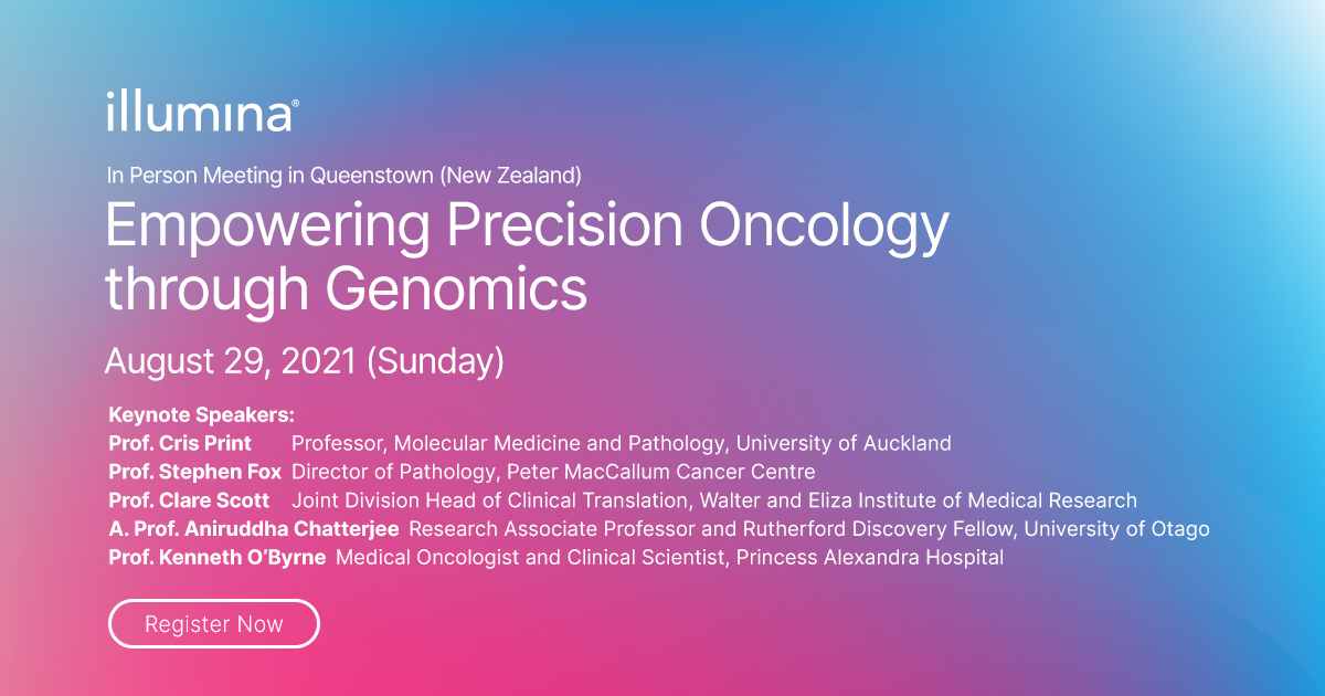 illuminaLive's tweet photo. Please join us for an in-person meeting and networking session on 29 August in Queenstown, NZ with thought leaders who will share their experience on the clinical utility of genomics in precision oncology. Register now: https://t.co/uxO6j2pLEc #PrecisionOncology #QRW https://t.co/OLlI1vSTKT