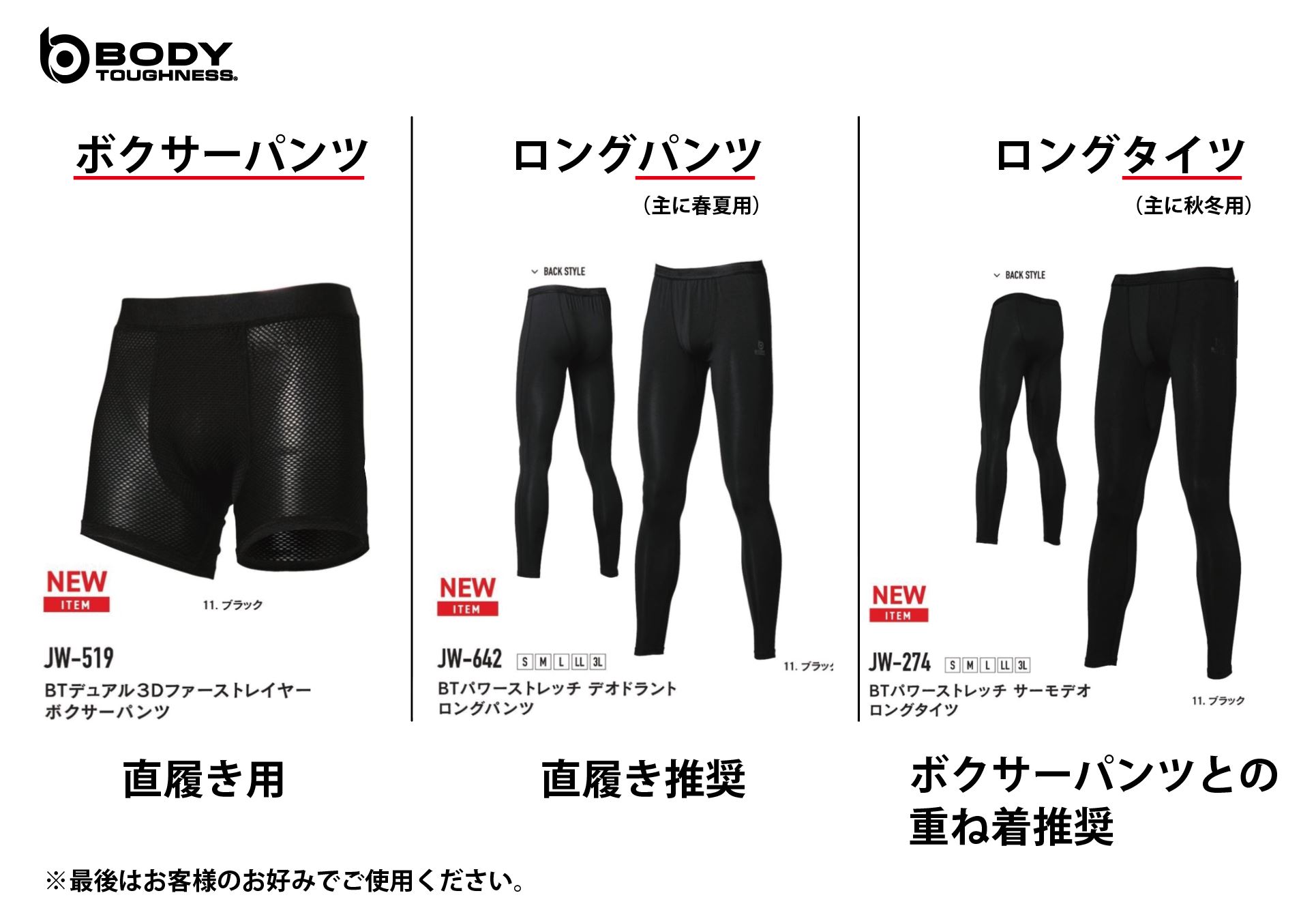 おたふく手袋株式会社 公式 パンツの履き方について ボクサーパンツは直接1枚目として着用 ロングパンツも直接を推奨 タイツと書いてある商品は裏起毛タイプが多くボクサーパンツ等の上に履くことを推奨しますが 起毛が気にならない方は直接でもok