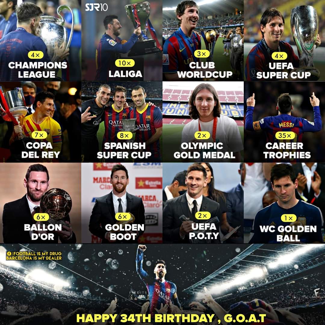 34th birthday of the greatest player in history, Lionel Messi.  
Happy birthday Leo.   