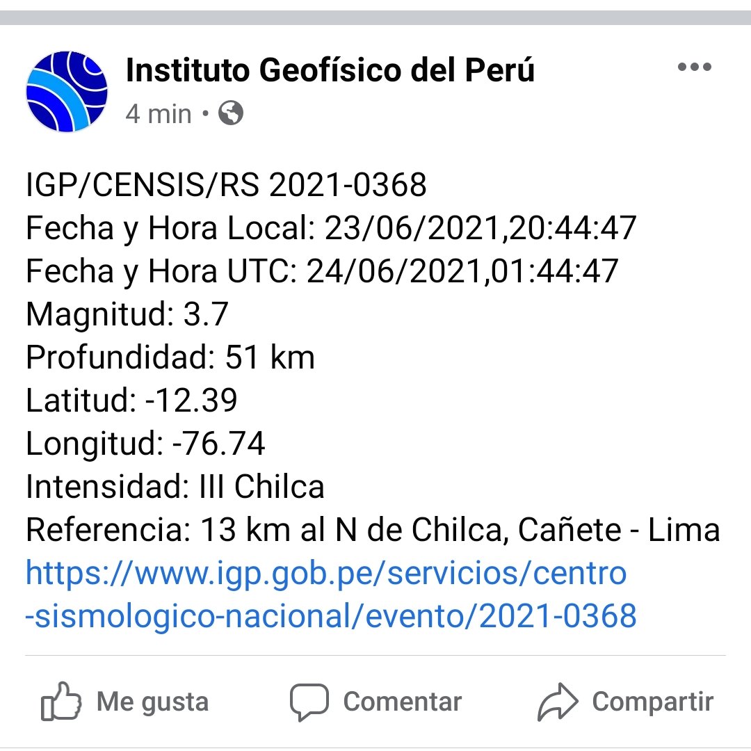 WomanPeru2021's tweet photo. Nuevo sismo en Chilca, Cañete..
La tierra se está manifestando a cada momento https://t.co/vrrCz25ehU