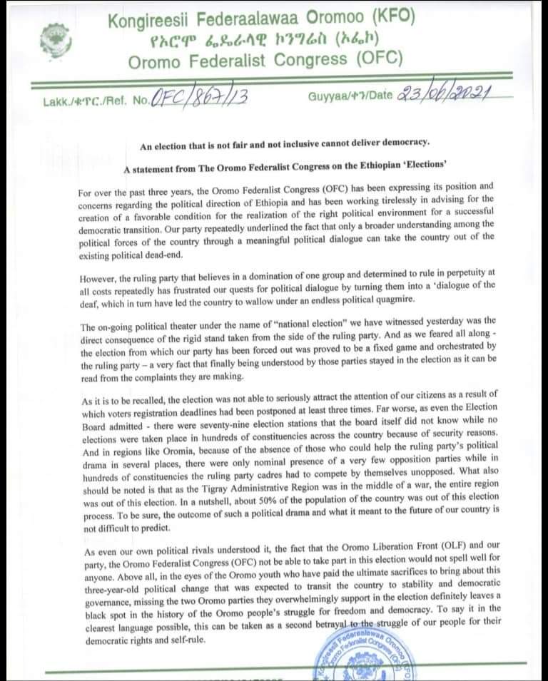 Falmata02779124's tweet photo. Ethiopia 🇪🇹
Press release
OFC called the election a sham and asked for a transitional government!
#ShameElection
#OromoProtest https://t.co/SEJHHSezNU