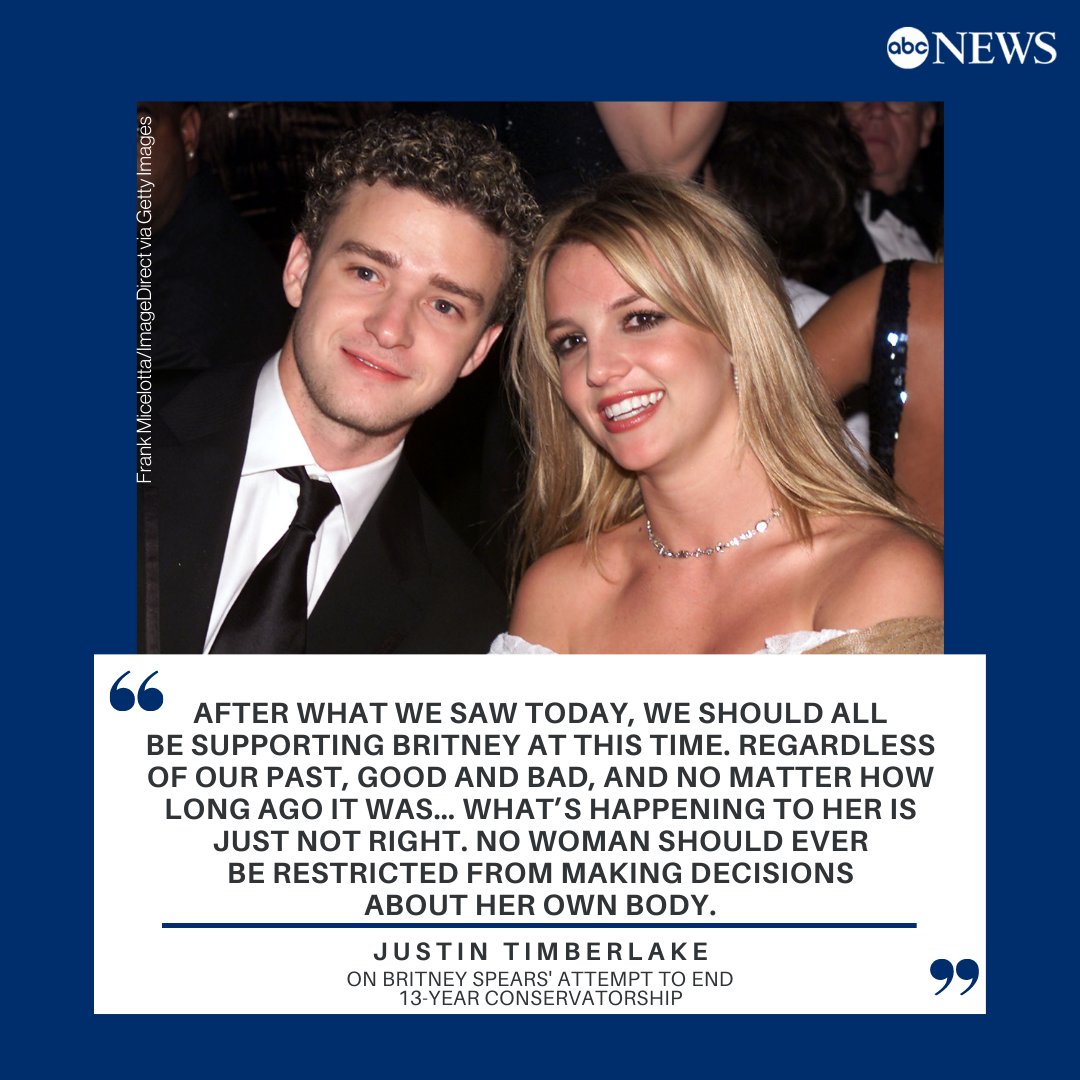 Justin Timberlake released a statement supporting Britney Spears after she  asked a judge to end her 13-year conservatorship: \, image size:1080x1080