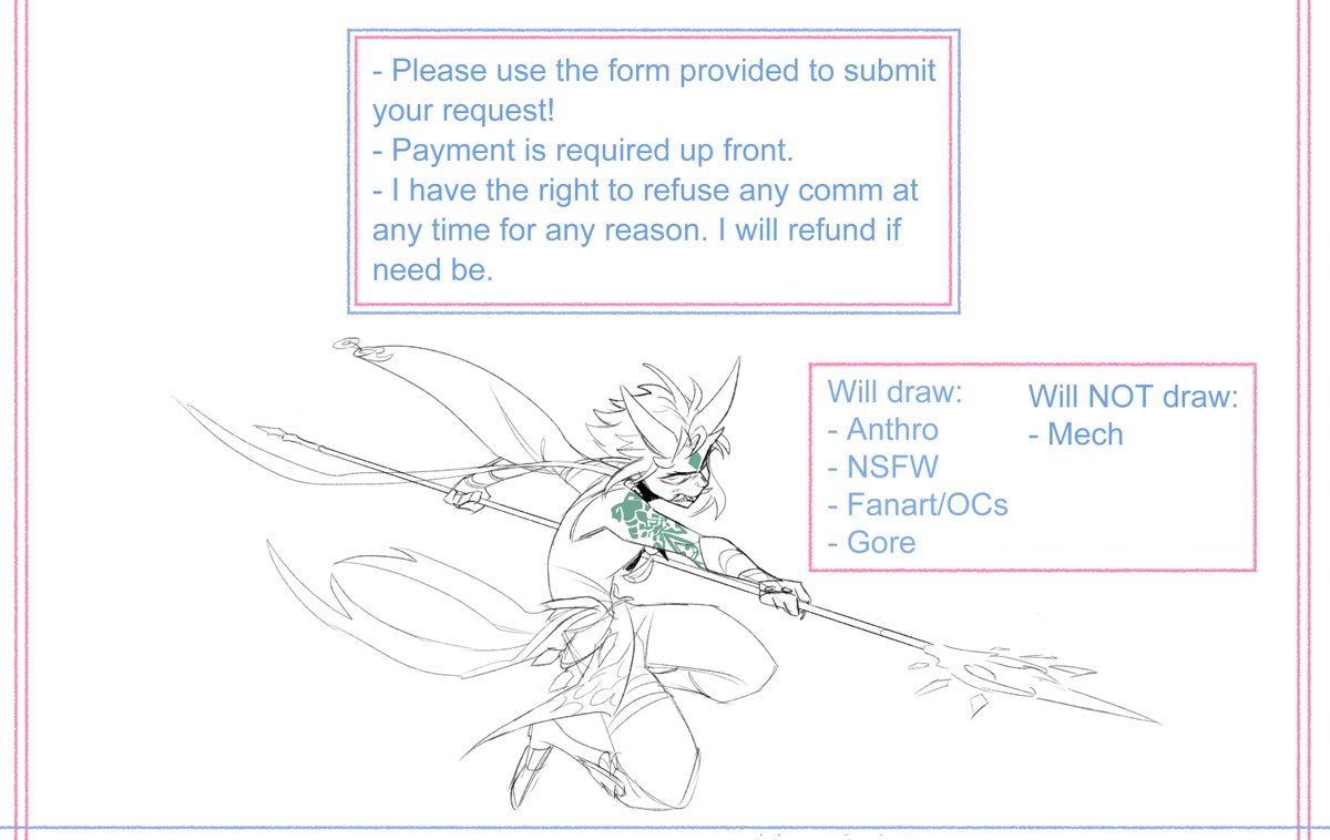 Alright, commissions are open! Please fill in the form in the link, and if there's any questions please feel free to let me know! 
https://t.co/ZHkZyXhmuQ 