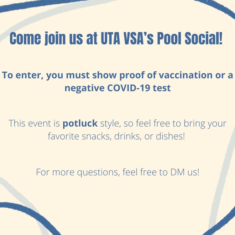 UTAVSA's tweet photo. Join us at our first in-person social in a year!  It’s a potluck, and we can’t wait to see y’all there ✨

❗️You must provide proof of vaccination card or a negative Covid-19 test to enter!! Officers will be checking❗️ https://t.co/3Ye8VHpZ3p
