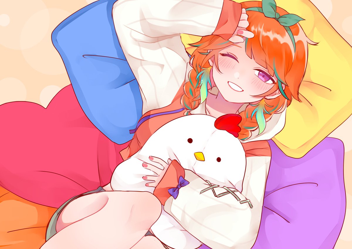 takanashi kiara 1girl orange hair one eye closed chicken purple eyes smile hoodie  illustration images