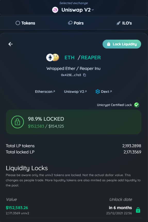 InuReaper's tweet photo. Liquidity has been locked! $REAPER #Memecoin #ETH https://t.co/H8hUJ1oo95