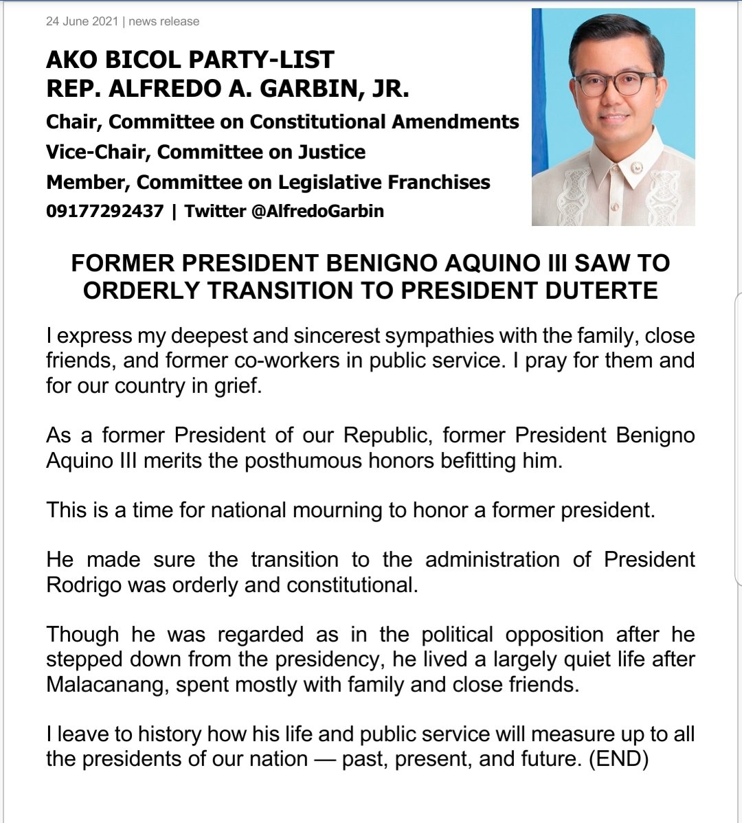 AlfredoGarbin's tweet photo. As a former President of our Republic, former President Benigno Aquino, III merits the posthumous honors befitting him. https://t.co/VCabzIinYH #noynoyaquino https://t.co/EFxLHPDEBU