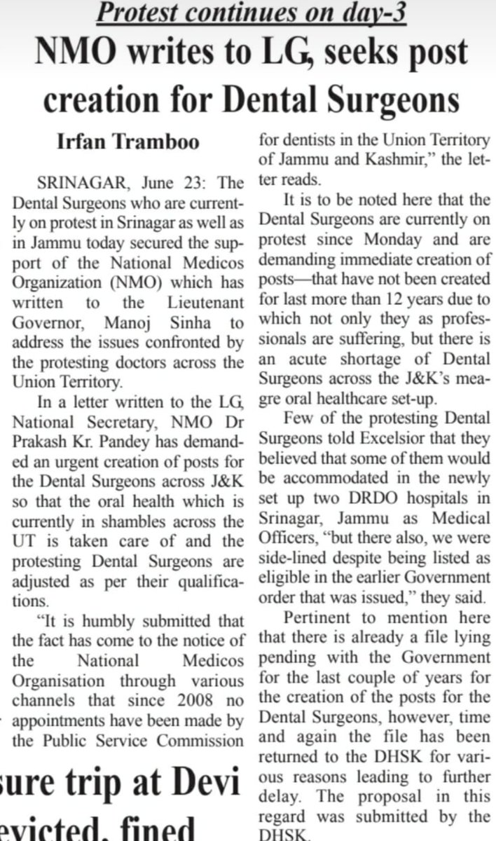 SurgeonsK's tweet photo. Thank you @irfan_tramboo ji @DailyExcelsior1 for continuously raising issue of UNEMPLOYED DENTAL SURGEONS OF JKUT 
@manojsinha_ @OfficeOfLGJandK @DrJitendraSingh @ImRavinderRaina @nitin_gadkari @PMOIndia @BJP4JnK https://t.co/ialzYyLVrk