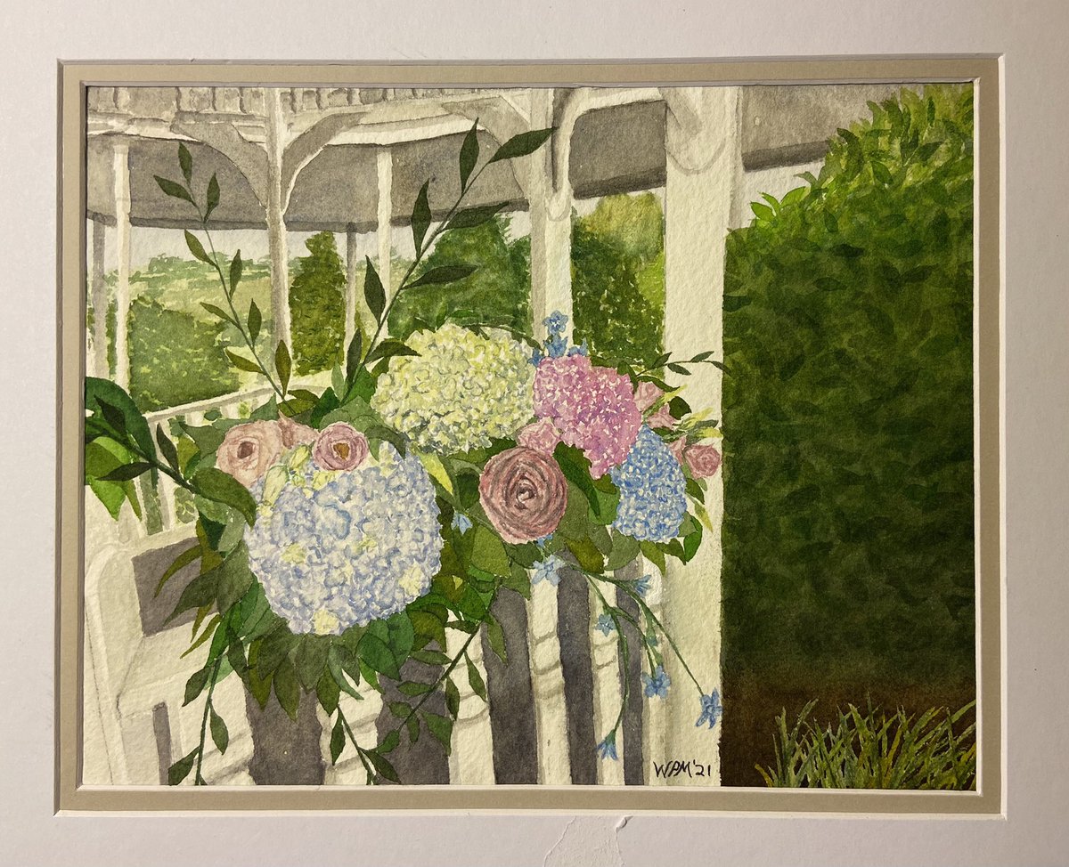 Painting #20 of 52: Hydrangea Wedding Arrangement. 8x10 watercolor on 300# Arches cold press paper.  This one took a little while, but it’s done 🙂. This was from a wedding I went to earlier in June. #watercolor #watercolorpainting #hydrangea #hydrangeapainting