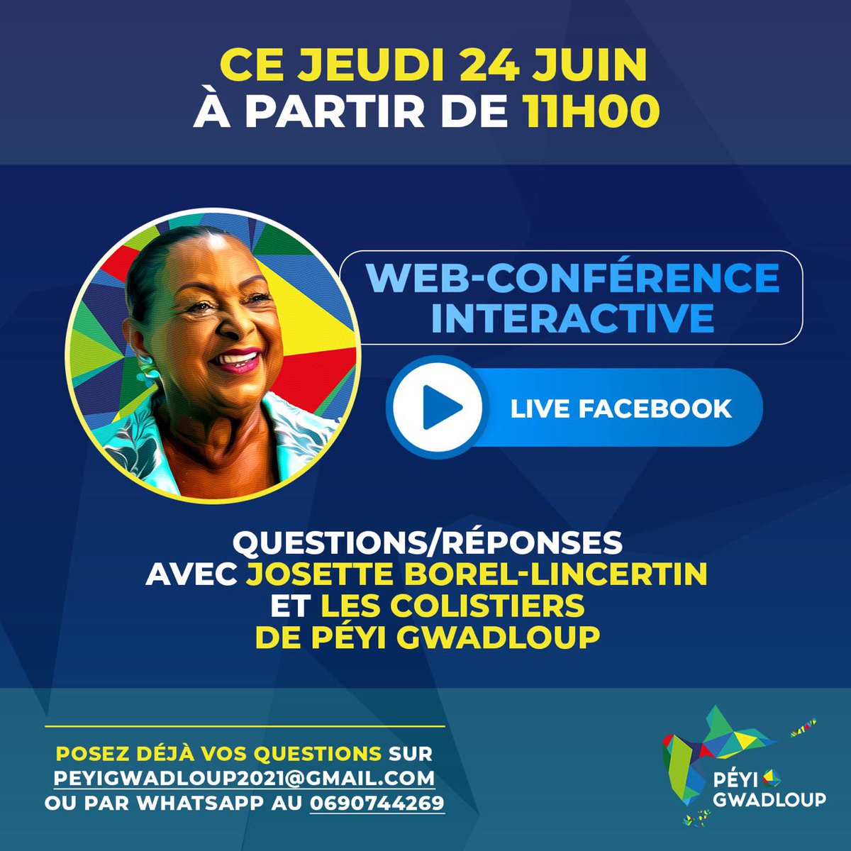 A J-3️⃣ du 2nd tour de l’élection régionale, avec mes colistiers <a href="/peyigwadloup/">Péyi Gwadloup</a>, je répondrai à toutes les questions des internautes à l’occasion d’une web-conférence interactive en Facebook live.
Posez vos questions dès maintenant sur peyigwadloup@gmail.com.