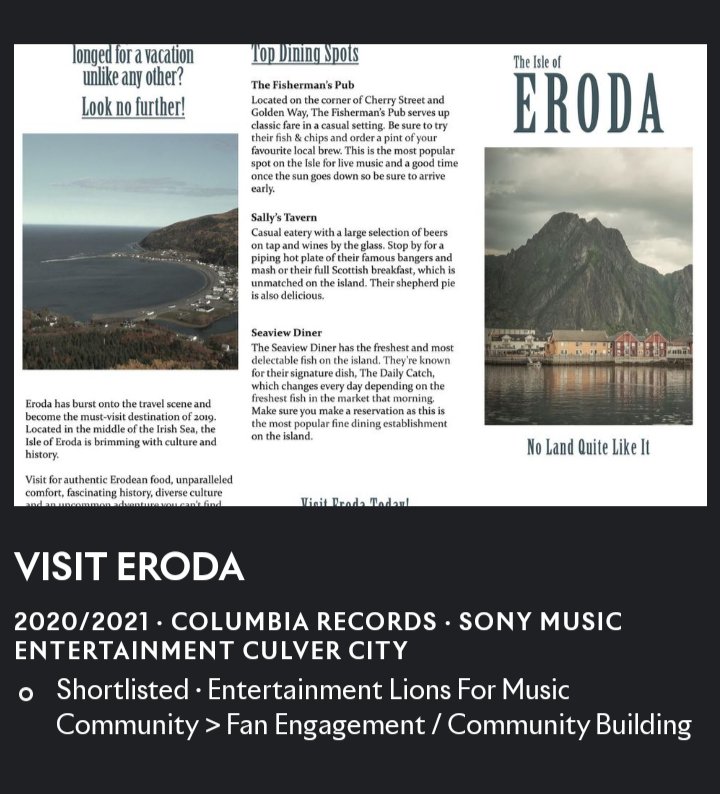 📢| La campaña de 'Visit Eroda' y el vídeo musical 'Adore You' no ganaron sus categorías en los #CannesLions2021.