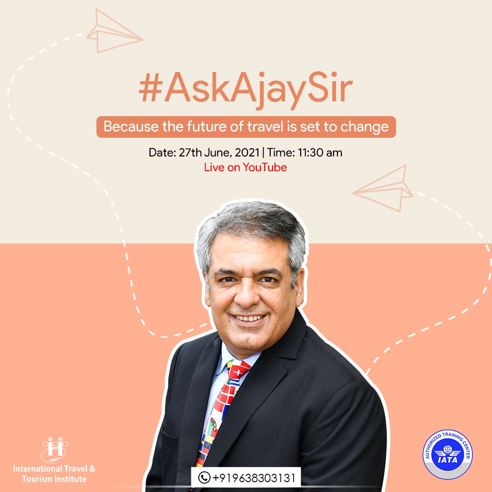 ITTI_Ahmedabad's tweet photo. The future of travel is set to change by 360 degrees. Can you be a part of this change? #AskAjaySir your queries & learn more about the possible changes in the travel industry! Join us here: https://t.co/8yvGOLc2I7
#IATA #IATACourse #TravelCourse #TourismCourse #ITTI https://t.co/lzVB5PIKX3