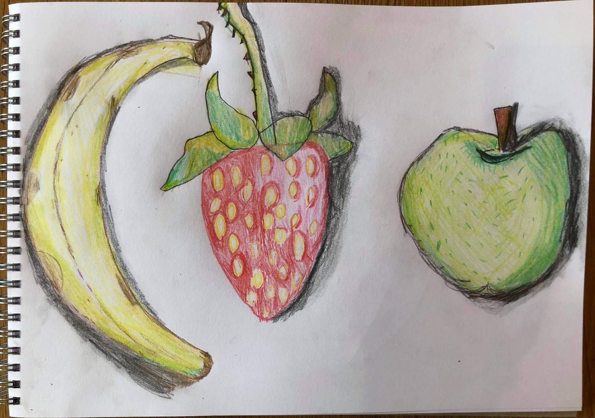 Wendiwobble's tweet photo. Isn't this wonderful! Sam age 9.
Fruit drawing in 50min! So amazed at this boy's confidence, enthusiasm and ability! Love his work! Said he should run round garden holding this up for neighbours to see! @The_Big_Draw #drawingchangeslives #confidencecreator #wildartscreatives https://t.co/AZe64O16rP
