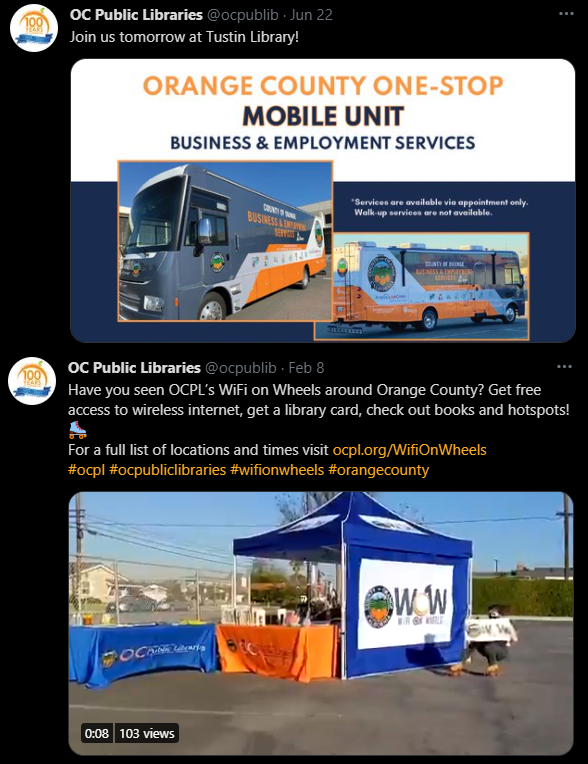 MichelleSharla's tweet photo. I love how Orange County Public Library uses social media to advertise their mobile units such as the OC One-Stop Unit for employment assistance and Wi-Fi on Wheels that provides broadband for users outside.   #INFO246w621 https://t.co/PA3m5hkZIS