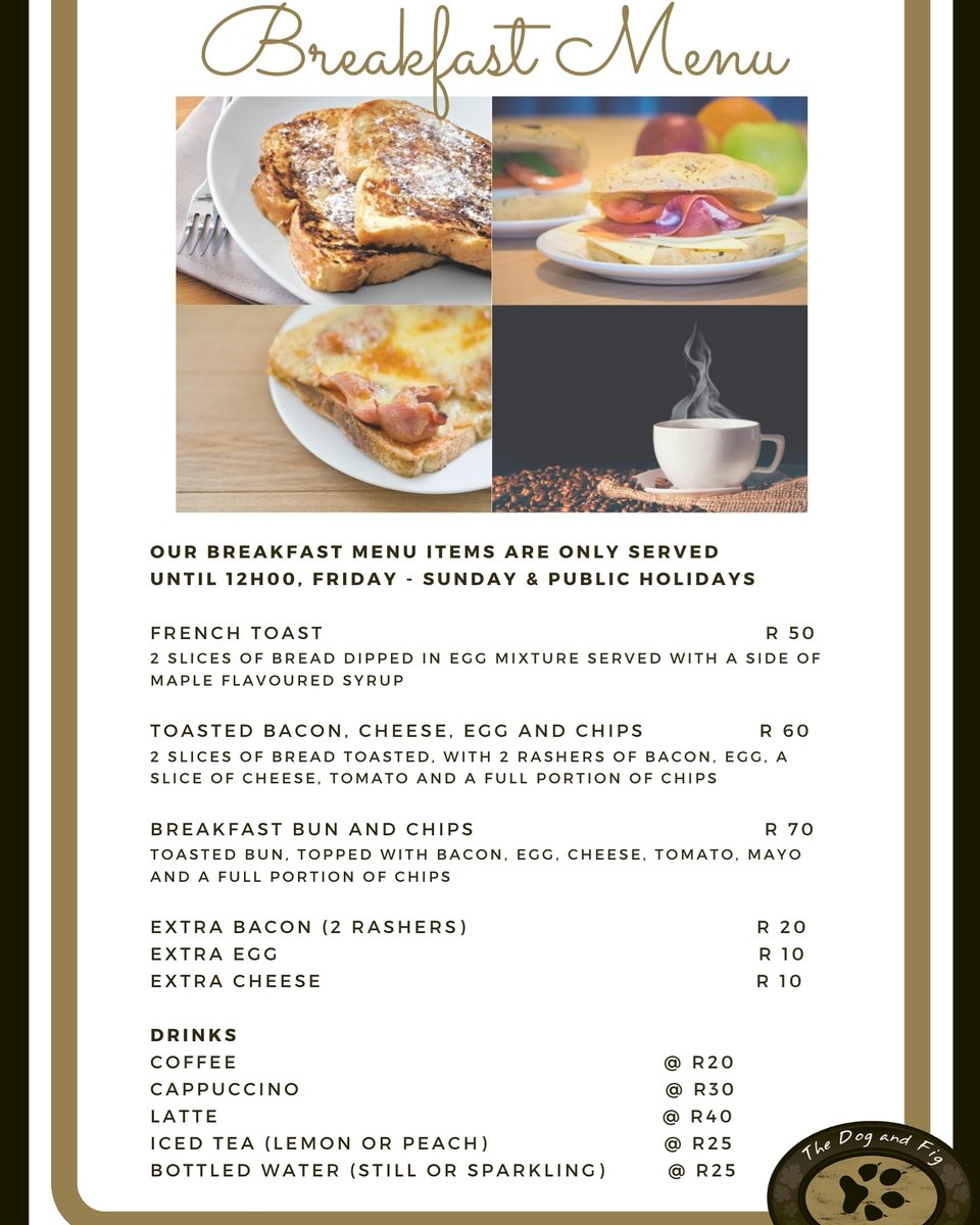 Starting this Saturday, 26 July, try our new Breakfast menu from 10h00 - 12h00 running each weekend and on Public Holidays. There's something for both young and old, from a Hot cup of Coffee to an Ice-cold Beer.