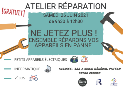 metropolerennes's tweet photo. ♻️Votre vélo ne freine plus, le grille-pain refuse de rendre les tartines et votre ordinateur rame😕 ? Tout n'est pas perdu : rendez-vous samedi matin à La Cohue, à Maurepas, #Rennes, un #AtelierReparation gratuit vous attend #réemploi. Plus d'infos > https://t.co/1G1hImdIMP https://t.co/jGesAVELMF