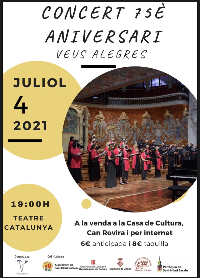 En motiu del 75è aniversari de la coral, diumenge 4 de juliol oferirem un concert molt especial al Teatre Catalunya. 

Ja podeu comprar les entrades a la Casa de Cultura, a Can Rovira i per internet:

entradas.codetickets.com/entradas/conce…

#veusalegres75anys #santhilarisacalm