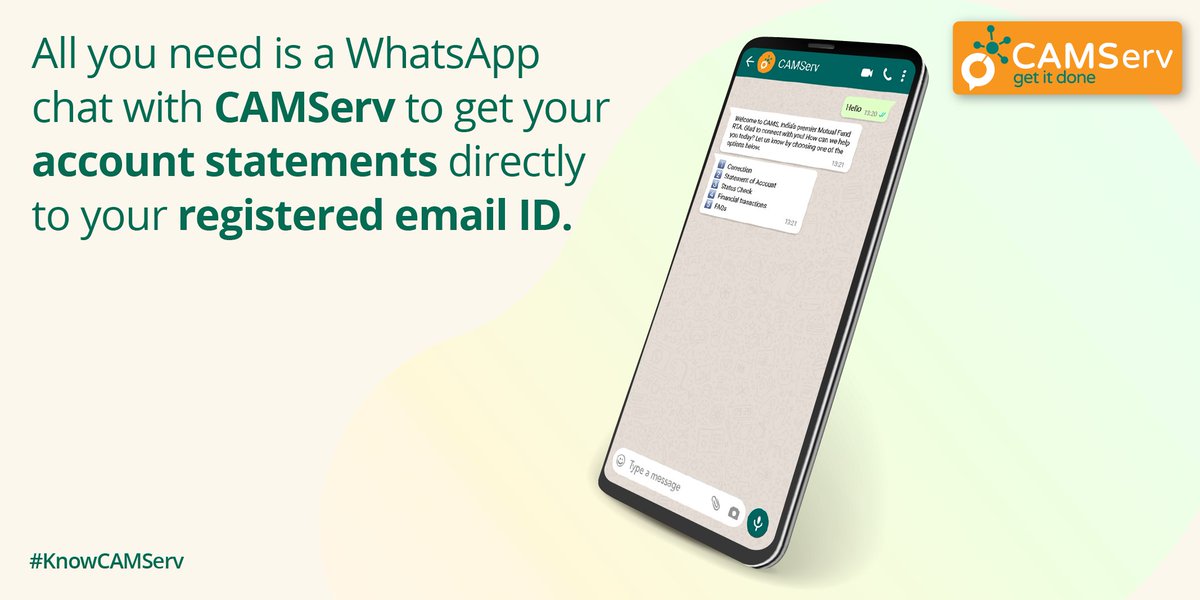Camsonline's tweet photo. Get instant access to an exclusive range of #AccountStatements with a simple chat with CAMServ. Send a #WhatsApp message to 63848 63848 and choose from a range of account statements to be sent directly to your inbox. https://t.co/yPVblz2xXX