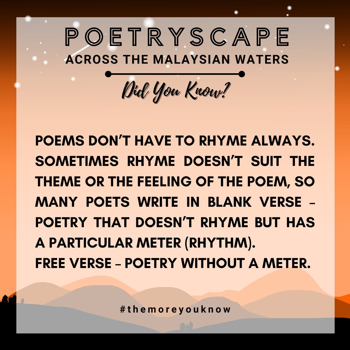 poetryslamfpend's tweet photo. Here is the fun fact for the day! Did you know that poems don't always have to rhyme? Tap the picture below to know more!
#poetryslam #tesl #ukm #fpend #poem #poetry #DYK https://t.co/XAUEAm7GMN