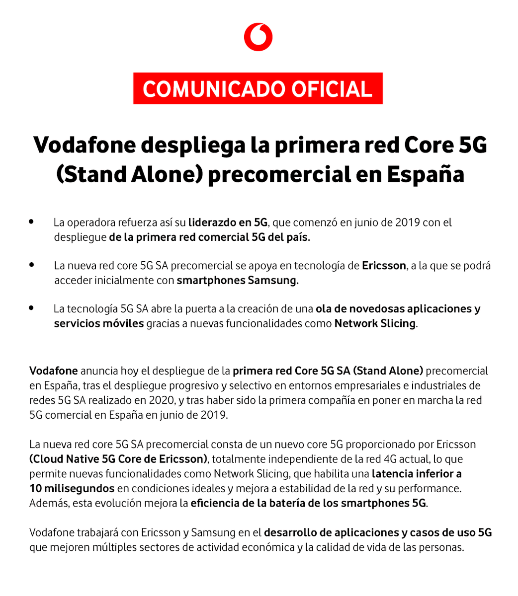 vodafone_es's tweet photo. 🔴 COMUNICADO OFICIAL | Vodafone despliega la primera red 5G pura en España. Esta tecnología refuerza nuestro liderazgo en 5G y abre la puerta a servicios como el coche conectado o Realidad Aumentada gracias a una mejor cobertura, latencia y velocidad. #Vodafone5G https://t.co/obIpGqdsDY