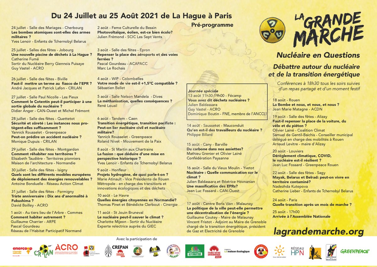 Le pré-programme de la Grande Marche de la Hague à Paris du 24 juillet au 25 août pour un débat sur le nucléaire et la transition énergétique! 
Venez-nous rejoindre pour une soir, un jour, trois jours... un mois! 
Vous pouvez vous inscrire sur lagrandemarche.org