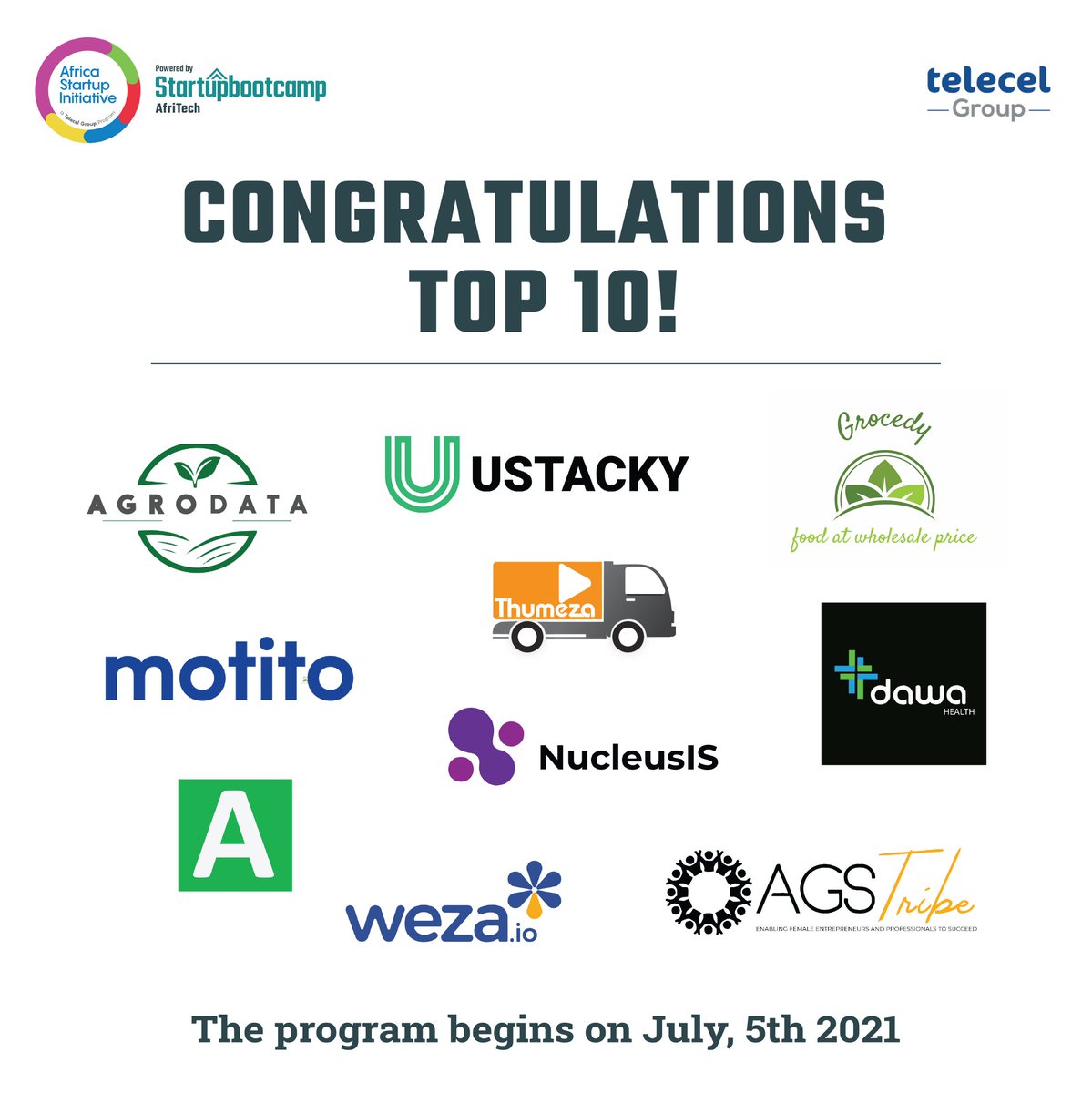 Congratulations to our Top 10 startups! We hope you are ready to learn, grow and succeed throughout the next intense 3 months . The Telecel Group ASIP Accelerator Program begins on July, 5th 2021.