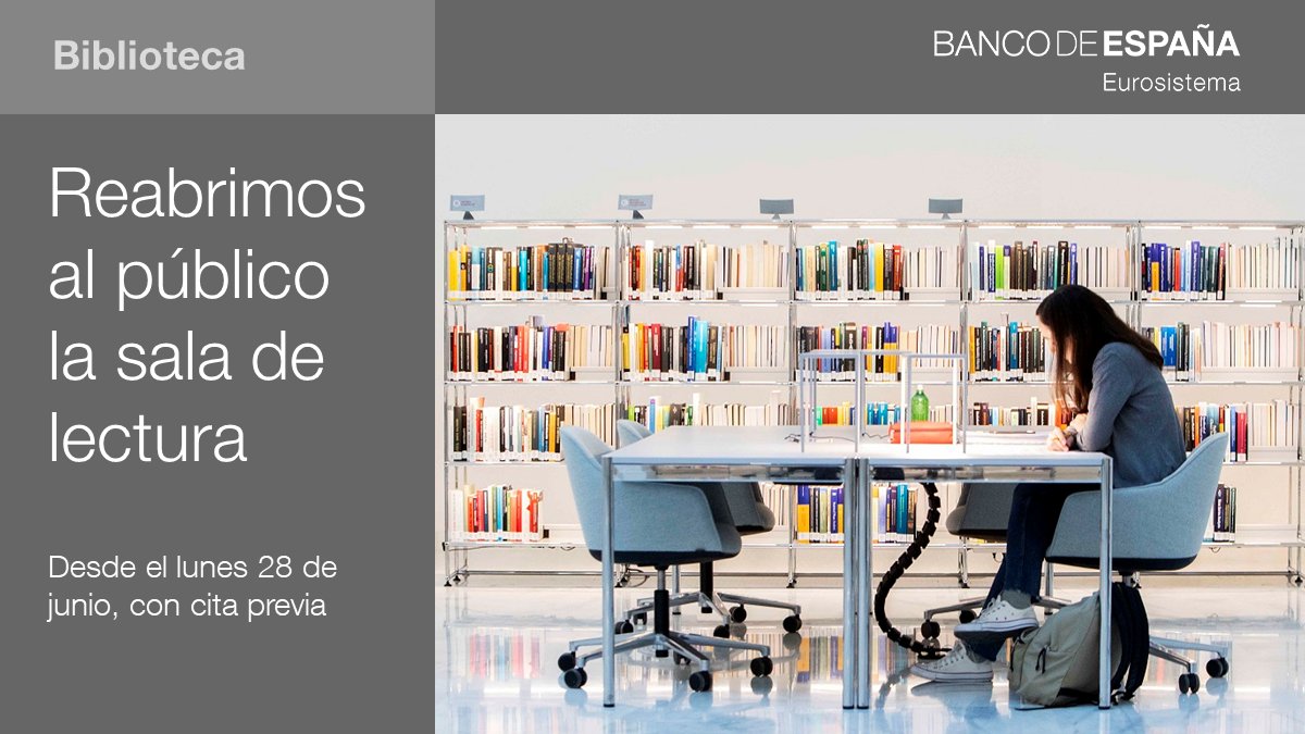 BancoDeEspana's tweet photo. Nuestra biblioteca reabre al público su sala de lectura a partir del lunes 28 de junio. Para acceder, será necesario pedir cita previa y cumplir las medidas de seguridad sanitarias. Puedes reservar tu cita rellenando este formulario 📄
https://t.co/JaNIGQIkpf
#bdeBiblioteca https://t.co/z1HNmB9nsw