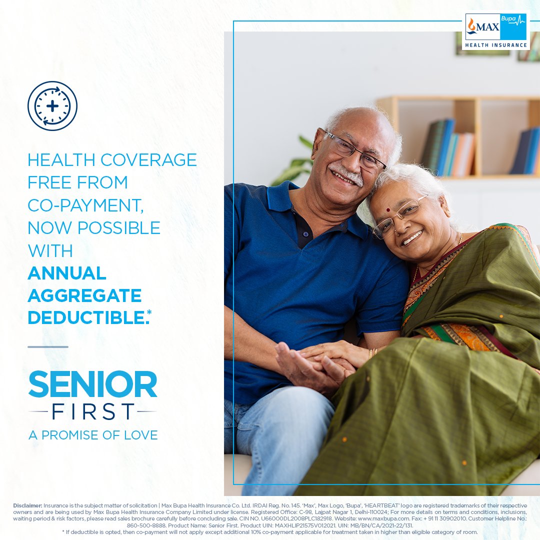 Niva_Bupa's tweet photo. It’s a promise of protection, care, and stress-free life for the seniors in your family! With Max Bupa’s #SeniorFirst plan, choose the annual deductible option and enjoy a co-payment free health cover.
#MaxBupa https://t.co/B6R0ciZpRo